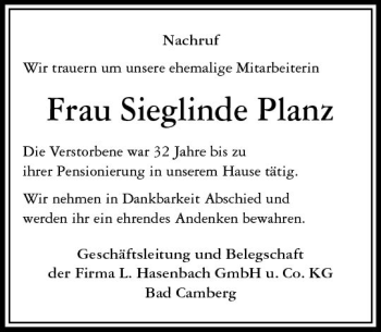Traueranzeige von Sieglinde Planz von  Camberger Anzeiger