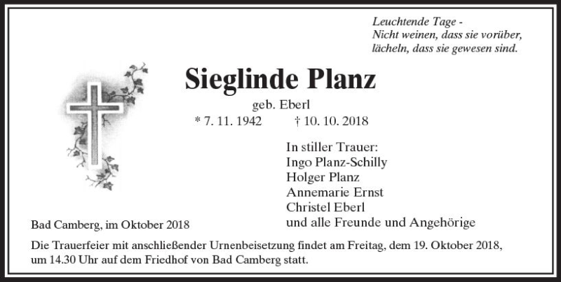  Traueranzeige für Sieglinde Planz vom 18.10.2018 aus  Camberger Anzeiger