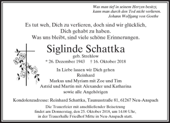 Traueranzeige von Siglinde Schattka von  Usinger Anzeiger