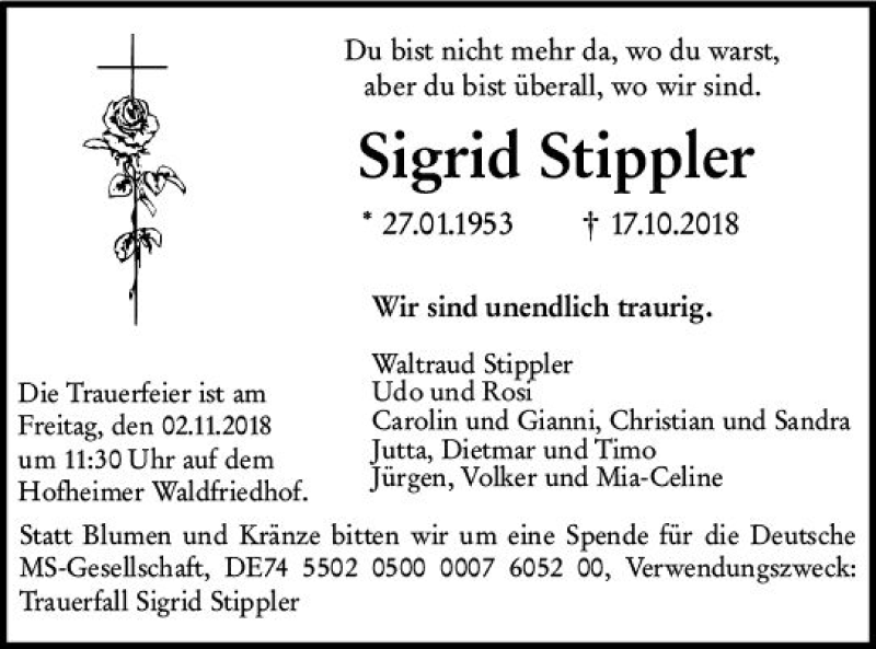  Traueranzeige für Sigrid Stippler vom 26.10.2018 aus vrm-trauer