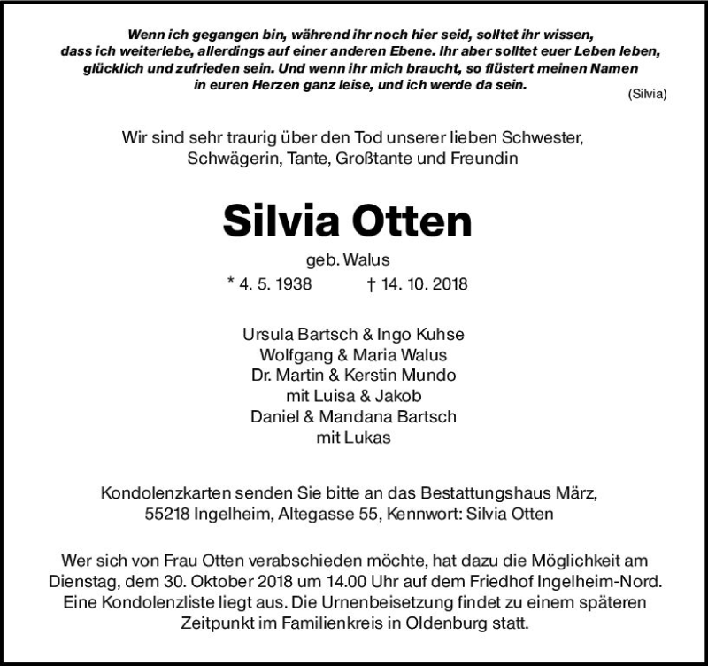  Traueranzeige für Silvia Otters vom 26.10.2018 aus vrm-trauer