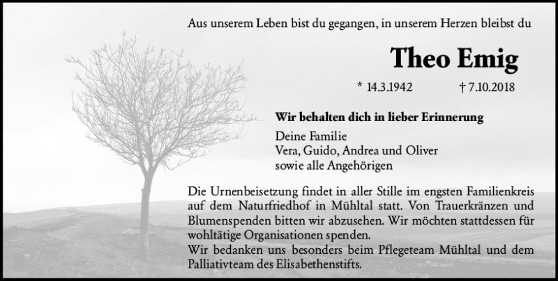  Traueranzeige für Theo Emig vom 17.10.2018 aus vrm-trauer