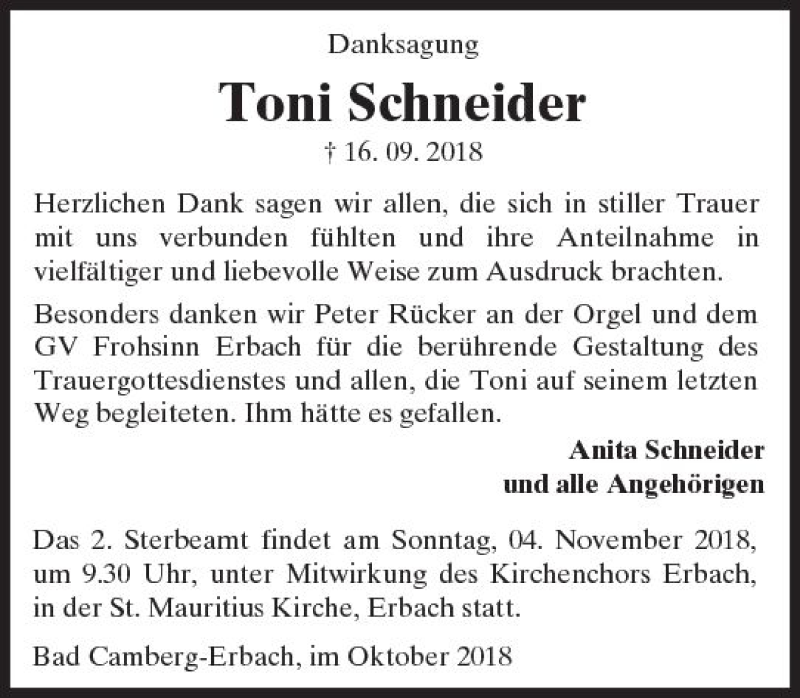  Traueranzeige für Toni Schneider vom 18.10.2018 aus  Camberger Anzeiger