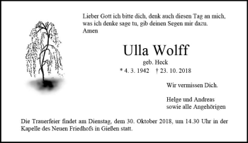 Traueranzeige von Ulla Wolff von  Gießener Anzeiger