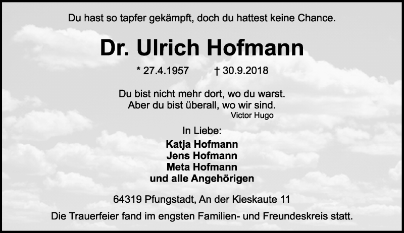  Traueranzeige für Ulrich Hofmann vom 13.10.2018 aus vrm-trauer