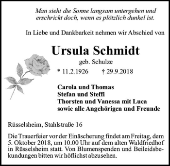 Traueranzeige von Ursula Schmidt von vrm-trauer