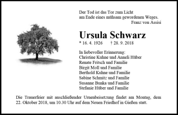 Traueranzeige von Ursula Schwarz von  Gießener Anzeiger