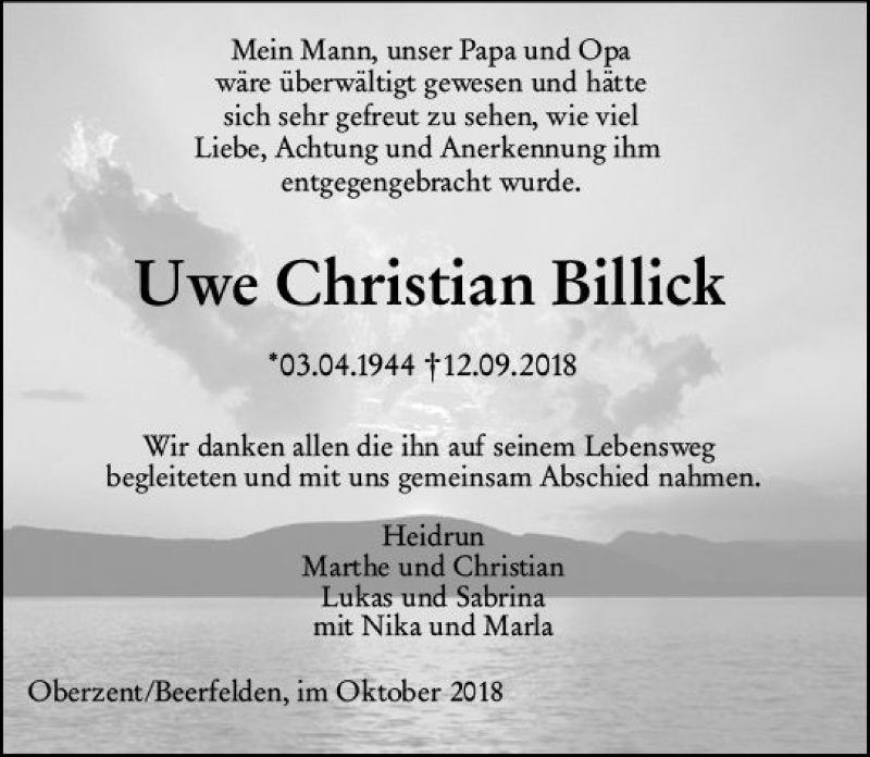  Traueranzeige für Uwe Christian Billick vom 20.10.2018 aus vrm-trauer