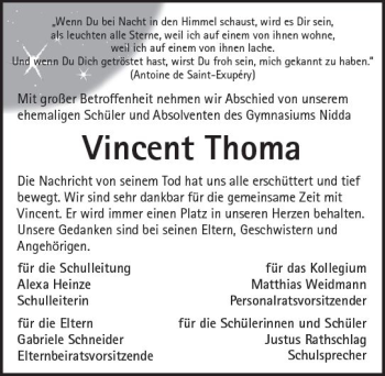 Traueranzeige von Vincent Thoma von  Kreisanzeiger