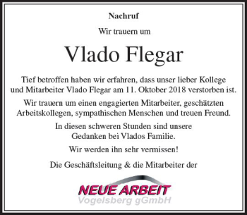 Traueranzeige von Vlado Flegar von VRM Trauer