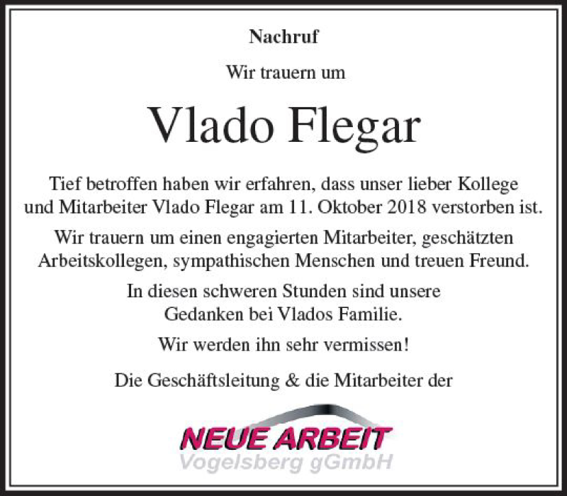  Traueranzeige für Vlado Flegar vom 20.10.2018 aus VRM Trauer