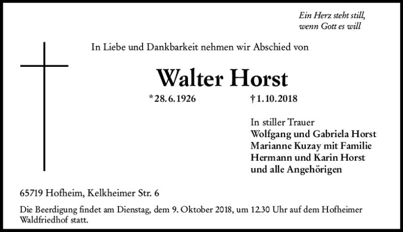  Traueranzeige für Walter Horst vom 05.10.2018 aus vrm-trauer