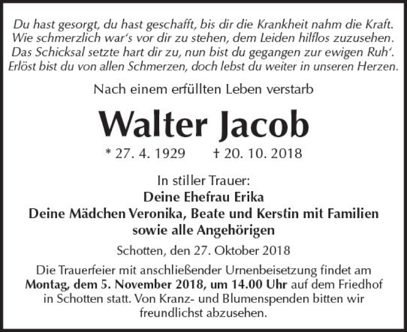  Traueranzeige für Walter Jacob vom 27.10.2018 aus  Kreisanzeiger