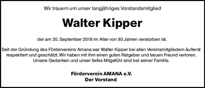 Traueranzeige für Walter Kipper vom 04.10.2018 aus vrm-trauer