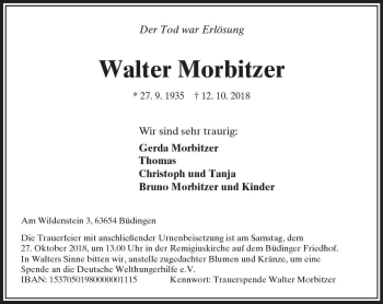 Traueranzeige von Walter Morbitzer von  Kreisanzeiger