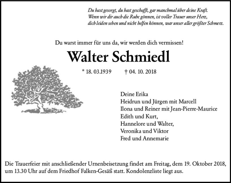  Traueranzeige für Walter Schmiedl vom 17.10.2018 aus vrm-trauer