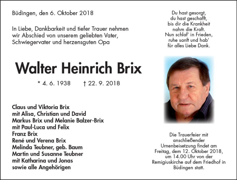  Traueranzeige für Walter Heinrich Brix vom 06.10.2018 aus  Kreisanzeiger