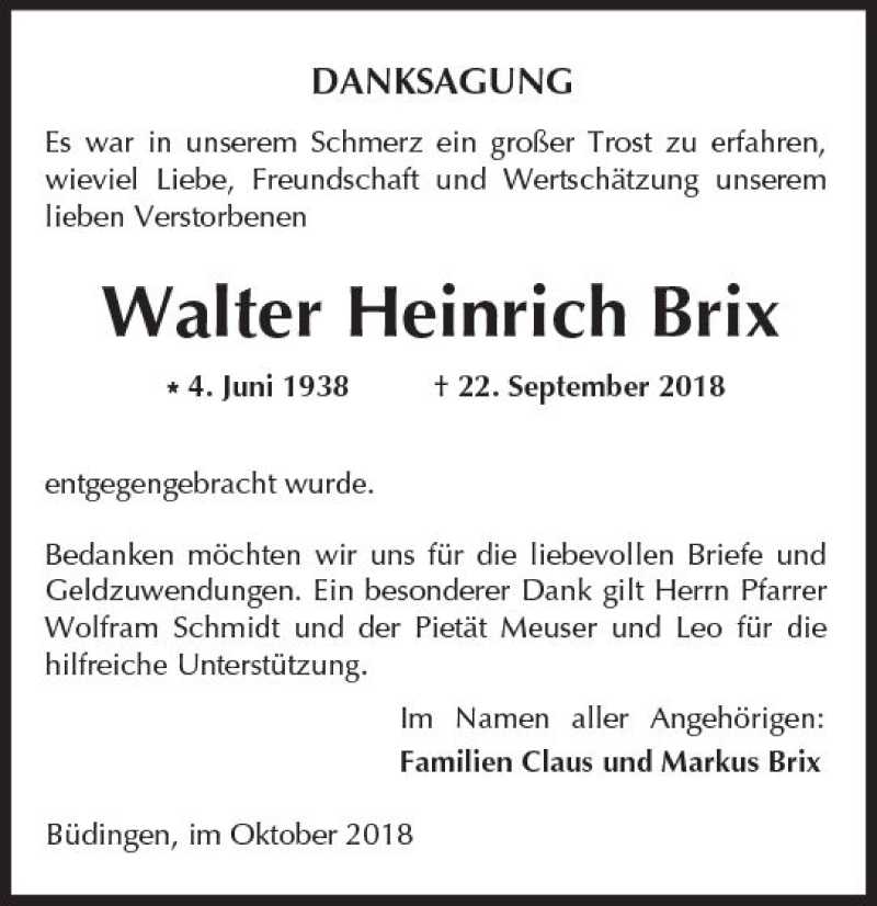  Traueranzeige für Walter Heinrich Brix vom 27.10.2018 aus  Kreisanzeiger