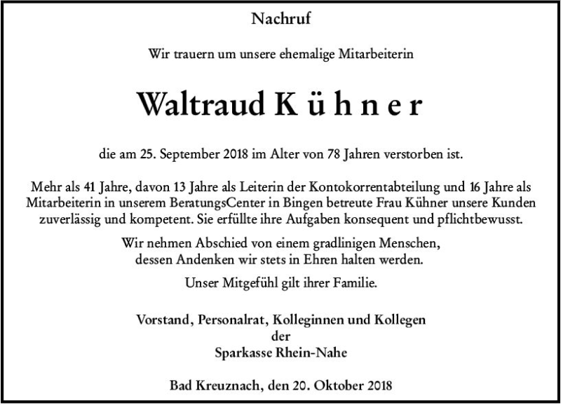  Traueranzeige für Waltraud Kühner vom 20.10.2018 aus vrm-trauer
