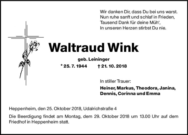  Traueranzeige für Waltraud Wink vom 25.10.2018 aus vrm-trauer