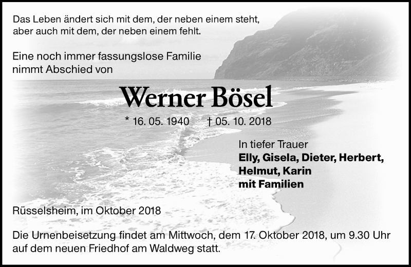  Traueranzeige für Werner Bös vom 13.10.2018 aus vrm-trauer