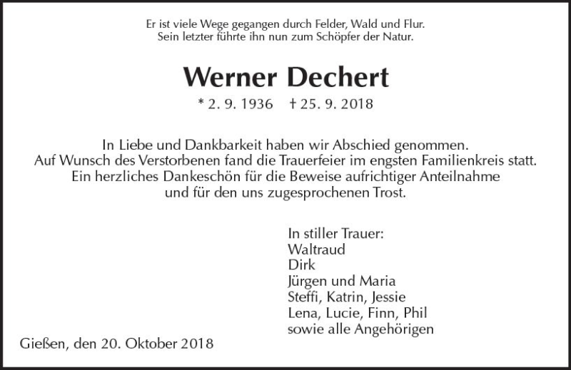  Traueranzeige für Werner Dechert vom 20.10.2018 aus  Gießener Anzeiger