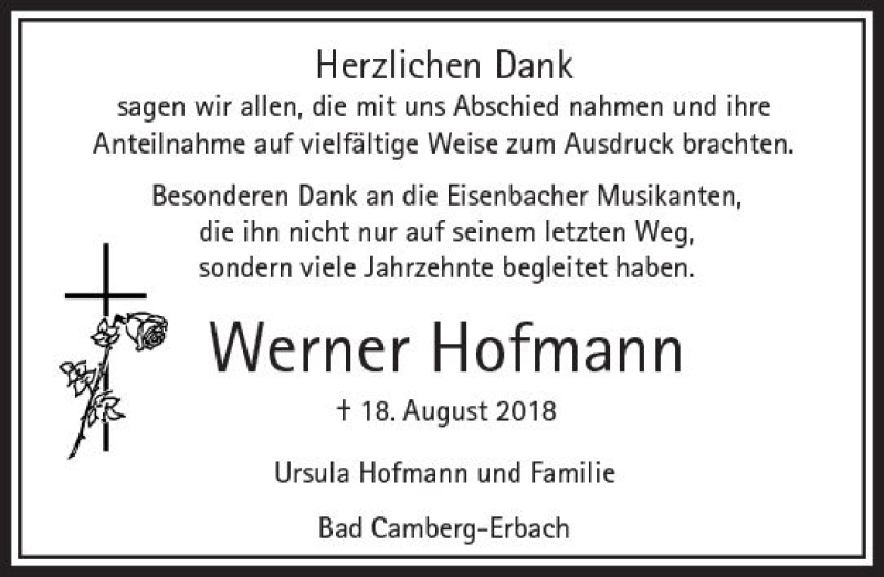  Traueranzeige für Werner Hofmann vom 11.10.2018 aus  Camberger Anzeiger