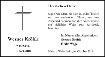 Traueranzeige von Werner Kröhle von vrm-trauer