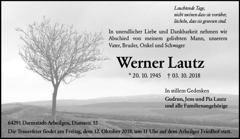  Traueranzeige für Werner Lautz vom 06.10.2018 aus vrm-trauer