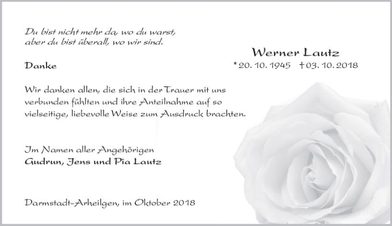  Traueranzeige für Werner Lautz vom 20.10.2018 aus vrm-trauer