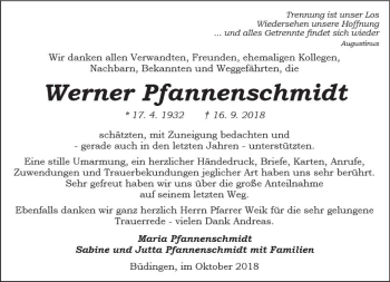Traueranzeige von Werner Pfannenschmidt von  Kreisanzeiger