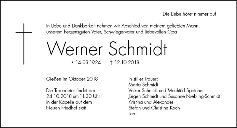  Traueranzeige für Werner Schmidt vom 19.10.2018 aus  Gießener Anzeiger