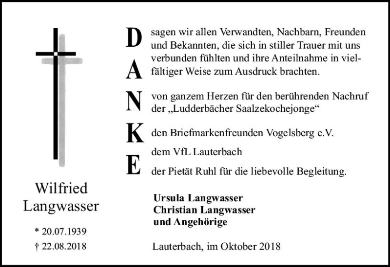  Traueranzeige für Wilfried Langwasser vom 13.10.2018 aus VRM Trauer
