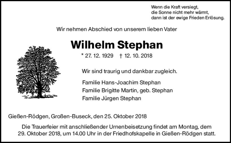  Traueranzeige für Wilhelm Stephan vom 25.10.2018 aus  Gießener Anzeiger