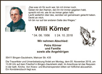 Traueranzeige von Willi Körner von vrm-trauer