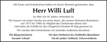 Traueranzeige von Willi Luft von  Kreisanzeiger