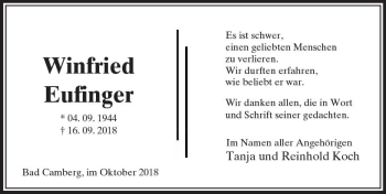 Traueranzeige von Winfried Eufinger von  Camberger Anzeiger