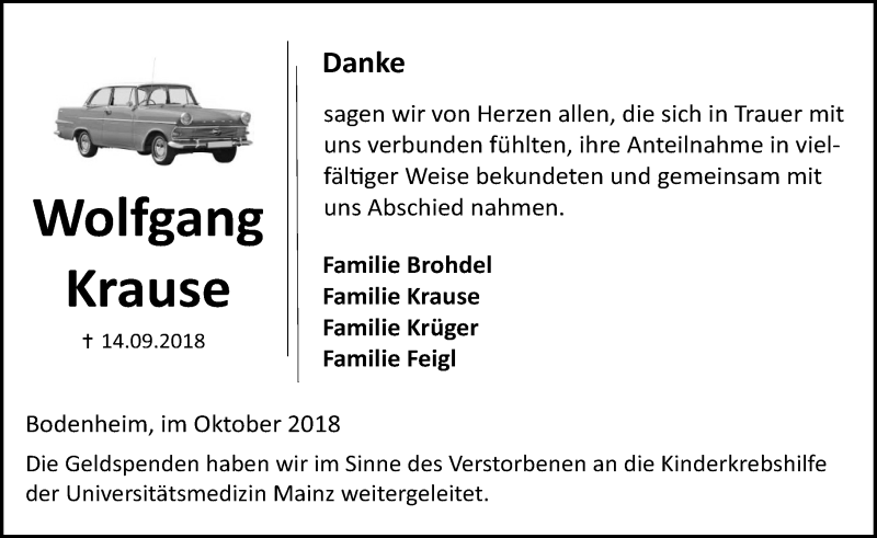  Traueranzeige für Wolfgang Krause vom 13.10.2018 aus vrm-trauer