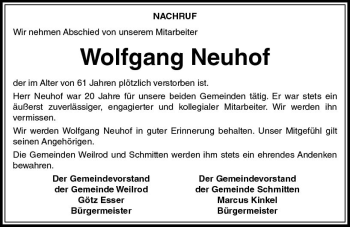 Traueranzeige von Wolfgang Neuhof von  Usinger Anzeiger