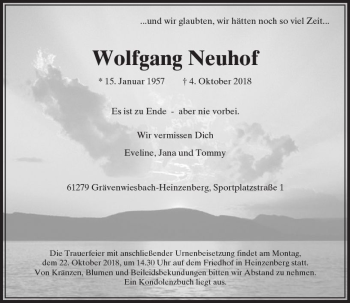 Traueranzeige von Wolfgang Neuhof von  Usinger Anzeiger