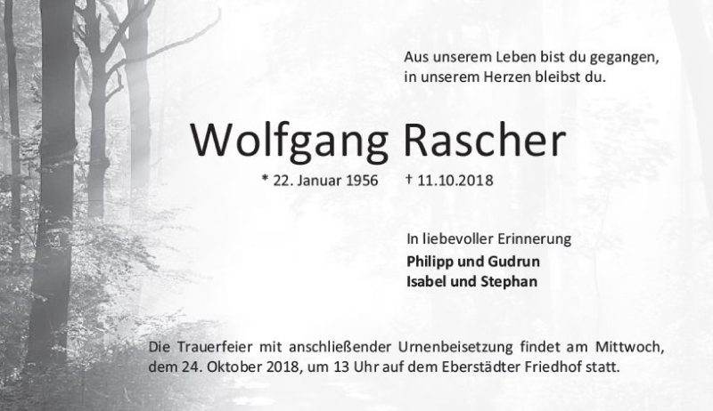  Traueranzeige für Wolfgang Rascher vom 20.10.2018 aus vrm-trauer