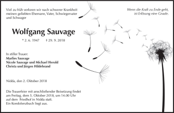Traueranzeige von Wolfgang Sauvage von  Kreisanzeiger