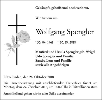 Traueranzeige von Wolfgang Spengler von  Gießener Anzeiger