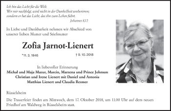 Traueranzeige von Zofia Jarnot-Lienert von vrm-trauer