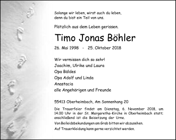 Traueranzeige von Timo Jonas Böhler von VRM Tageszeitungen