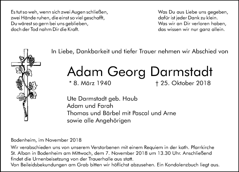  Traueranzeige für Adam Georg Darmstadt vom 03.11.2018 aus vrm-trauer