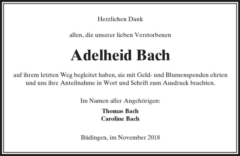  Traueranzeige für Adelheid Bach vom 03.11.2018 aus  Kreisanzeiger
