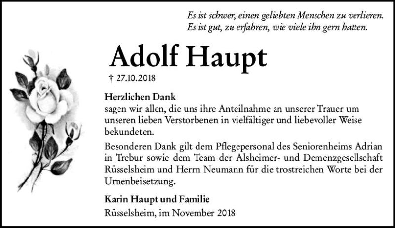  Traueranzeige für Adolf Haupt vom 24.11.2018 aus vrm-trauer