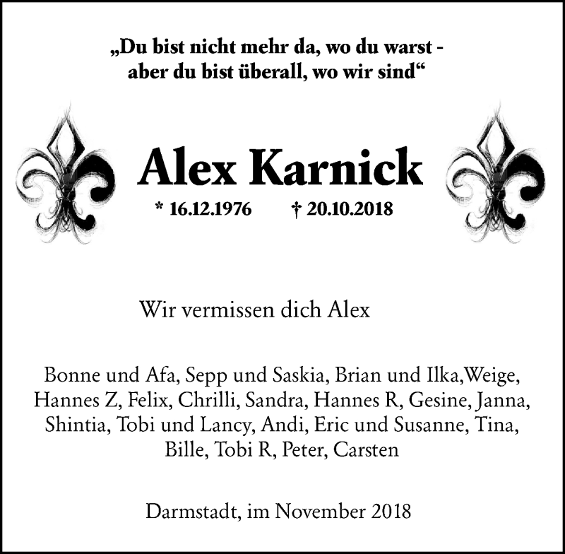  Traueranzeige für Alex Karnick vom 03.11.2018 aus vrm-trauer