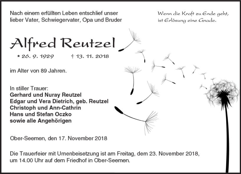  Traueranzeige für Alfred Reutzel vom 17.11.2018 aus  Kreisanzeiger